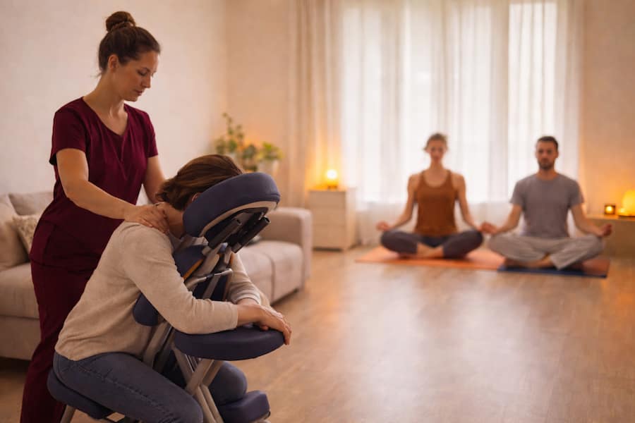 Massages et yoga, relaxation où méditations lors d'une réunion d'amis à votre domicile Caluire et alentours