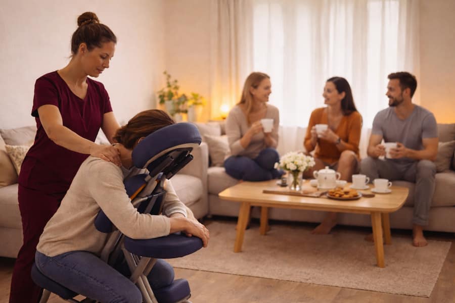 Massage sur chaise à votre domicile lors d'une réunion entre amis, si vous habitez Caluire et alentours